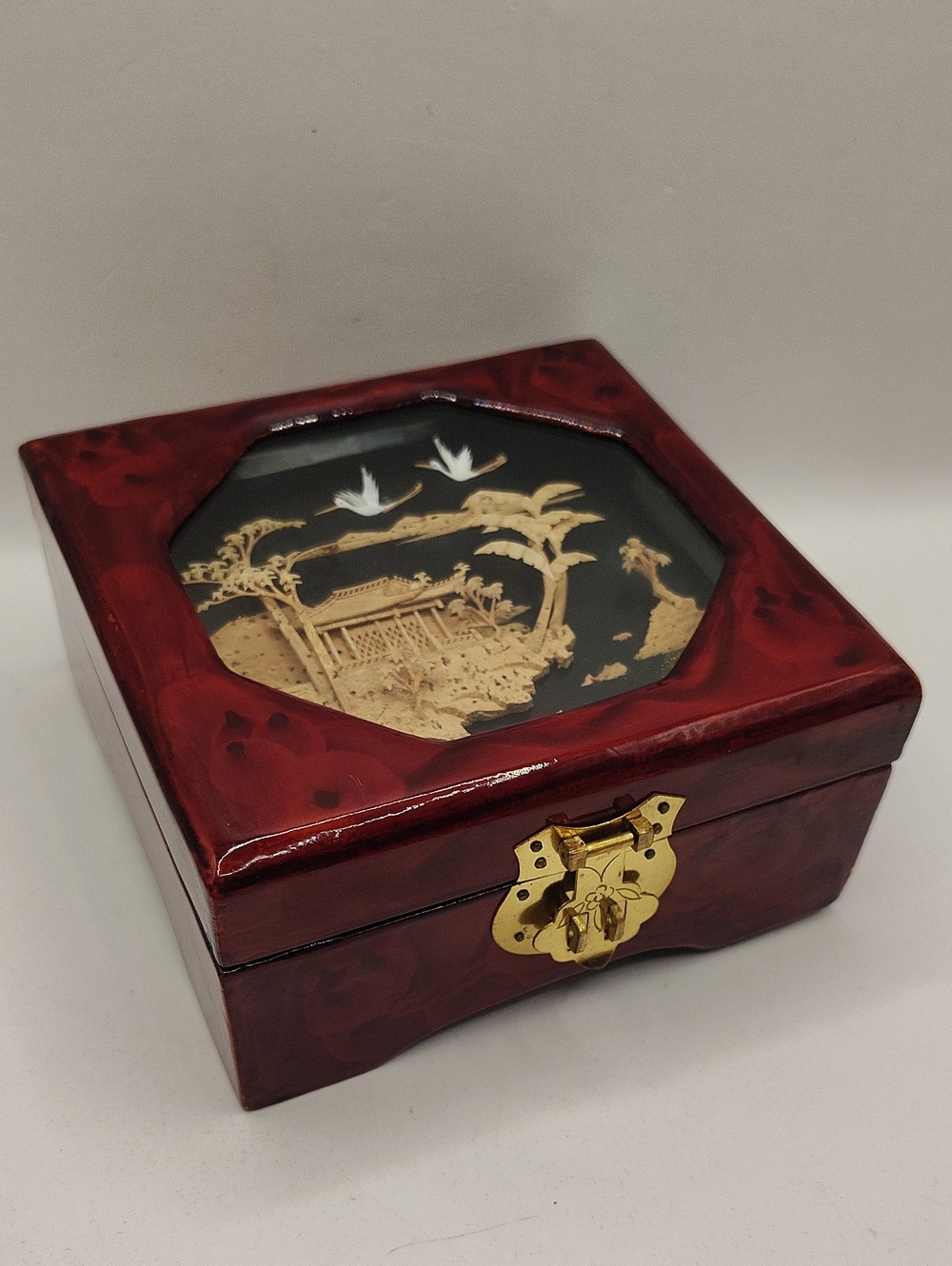 Vintage Oriental Red Lacquer Jewelry Box Intricate 3D Scenic Inlay With Cranes